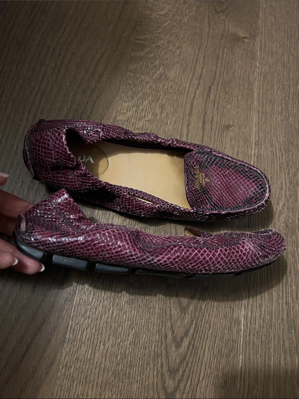 Prada Women’s Burgundy Snakeskin Driving Moccasins - Picture 7 of 7